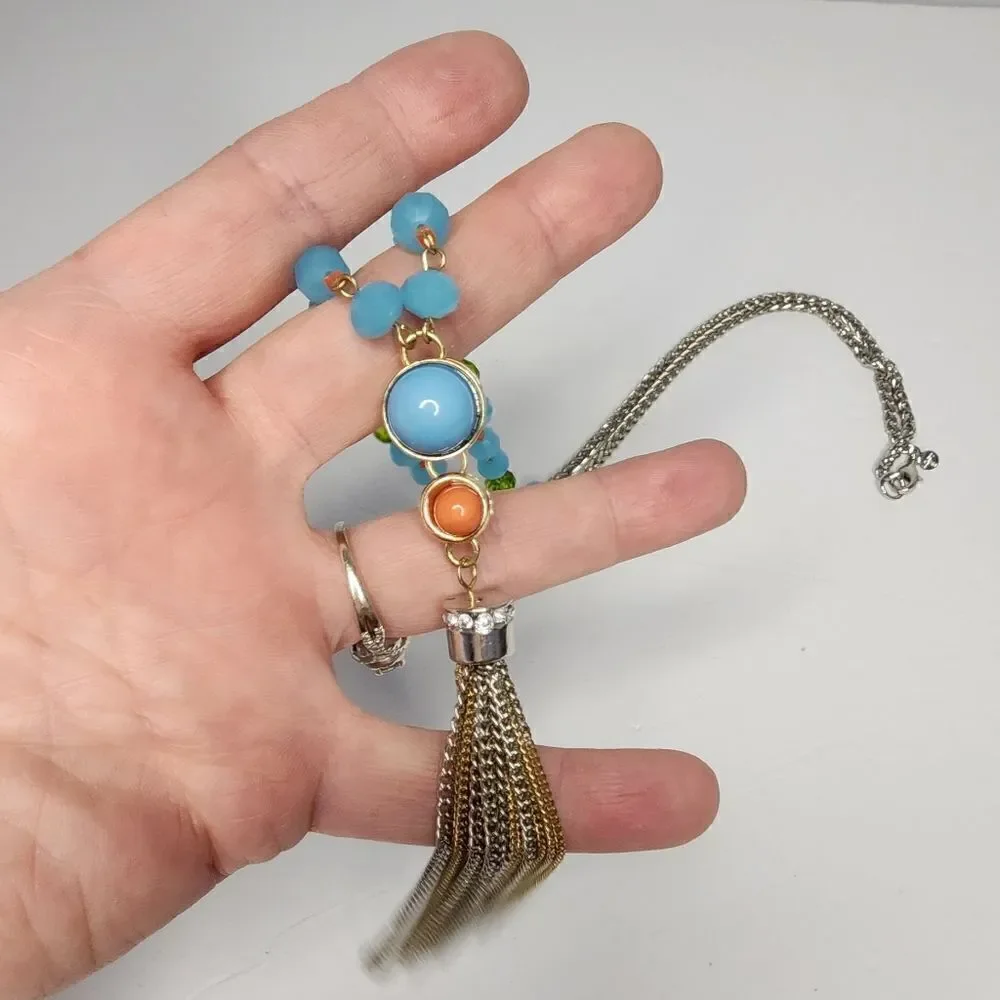 LOFT Brushed Silver Turquoise Orange Green Pendant Fringe Necklace  41